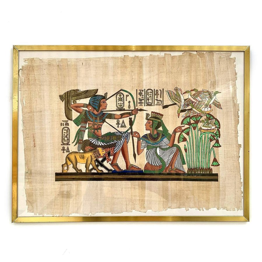 39x29cm Inramad Målning Egyptisk Farao Papyrus Guld Tavla Ram Vintage