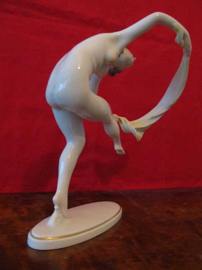 Vacker Art Decko figurin naken kvinna danserska Herend Hungary 1930-tal