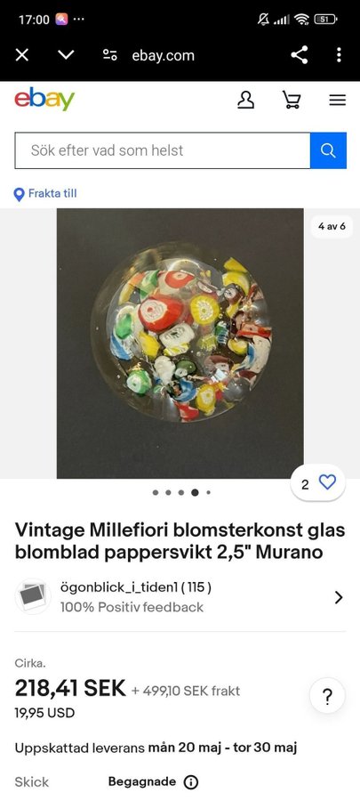 Millefiori blomserkonst glas troligen Murano