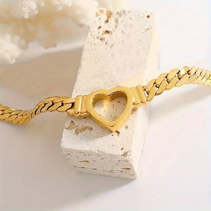 14K guld hjärta armband kedja länk platt pläterad kärlek armring 3d handled 21cm