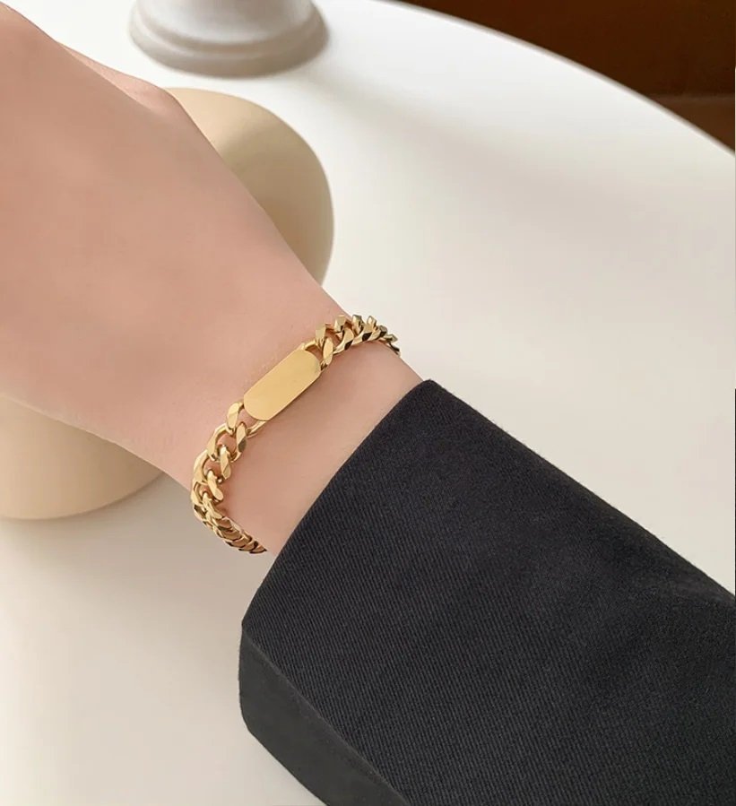 14K guld kedje armband kedja länk platt pläterad armring handled 21 cm trendig