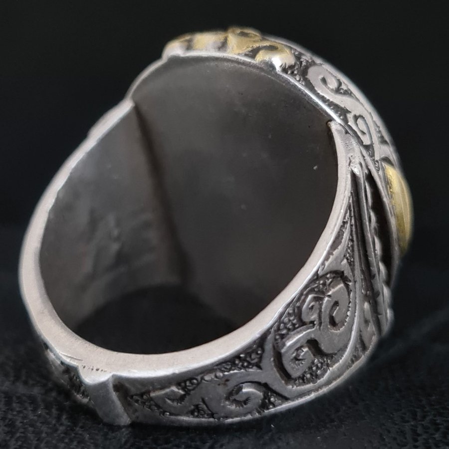 HANDGJORD ÄLDRE SILVERRING ART DECO AGAT STEN GRAVERAT