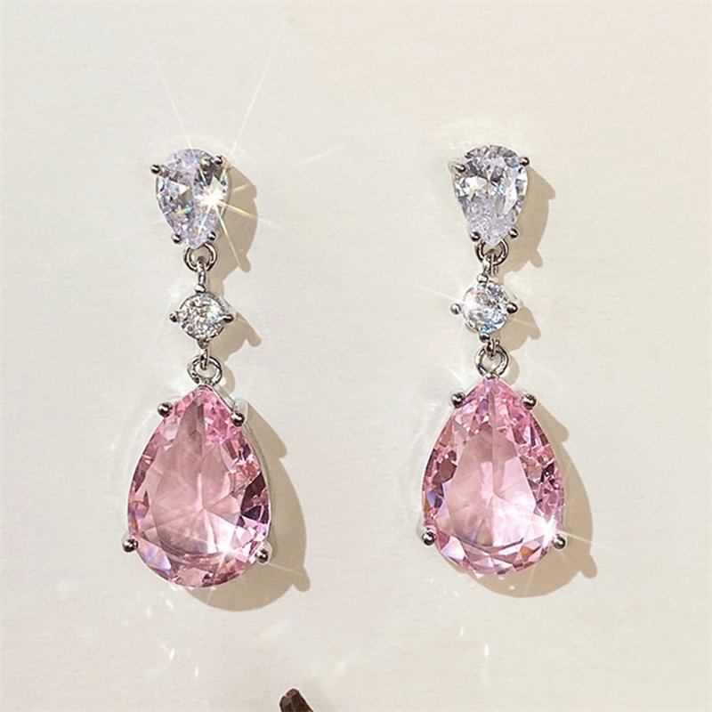 Zircon silverpläterade rosa vit CZ örhängen stift droppe studs bröllop fest pink