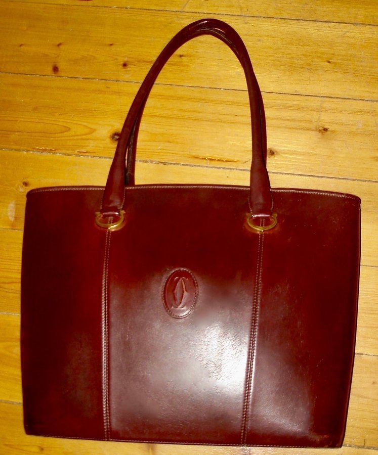 FIN STOR ÄKTA CARTIER TOTE BAG VINTAGE MÖRKRÖD 2 STORA FICKOR INUTI ÄKTA LÄDER