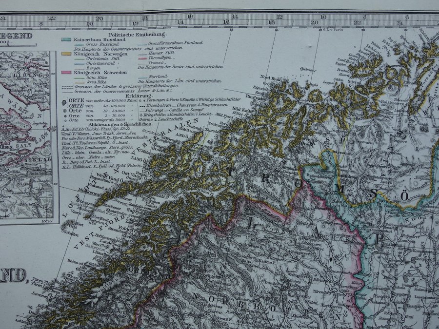 1876 vintage antik gammal karta över Sverige och Norge Stockholm Oslo plan