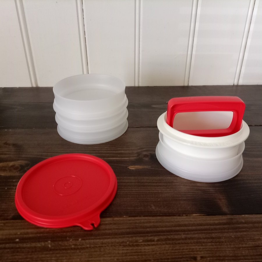 Ny Tupperware hamburgerpress med stapelbara frysburkar