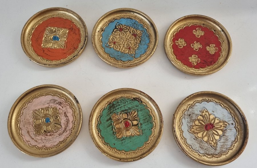 6 st vintage italienska Florentine coasters från OFM - 60-talet - Ø88 mm