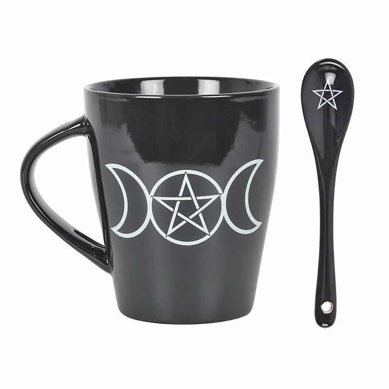 Triple Moon svart kopp mugg  sked - goth gothic måne pentagram new age