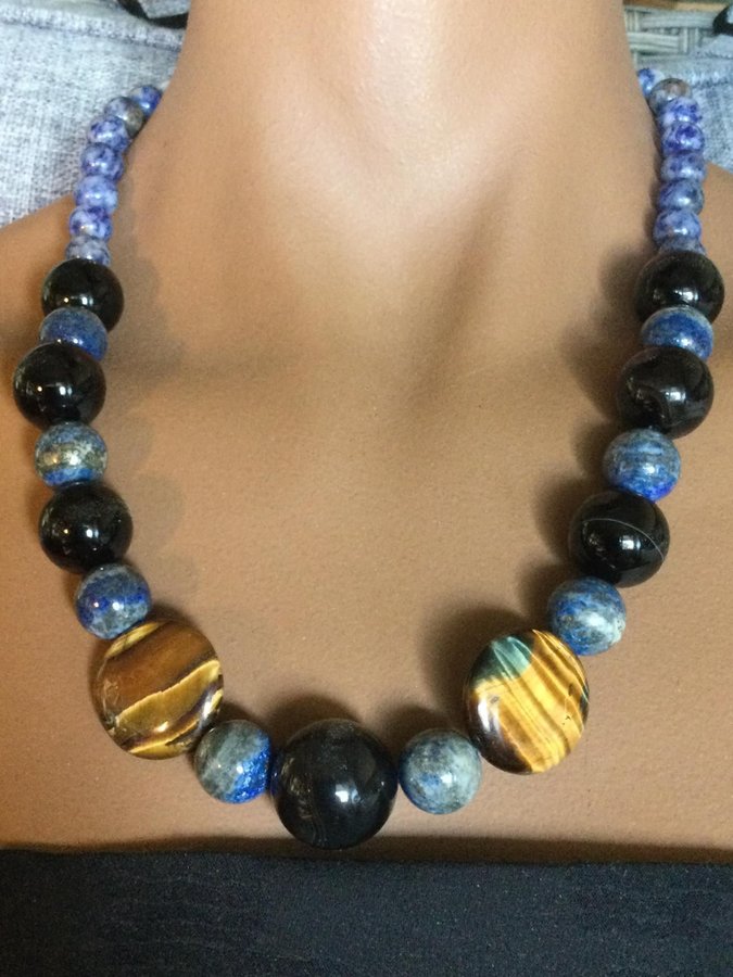 Ädel-/halvädelstenar halsband tigeröga lapis lazuli sodalit