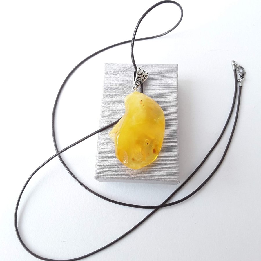 Yellow Baltic amber gemstone pendant on long chain honey amber necklace jewelry