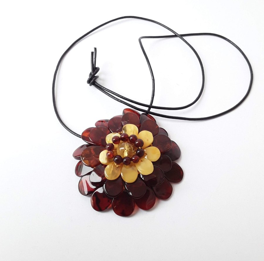 Baltic amber Flower necklace -pendant- brooch brown gemstone floral jewelry gift