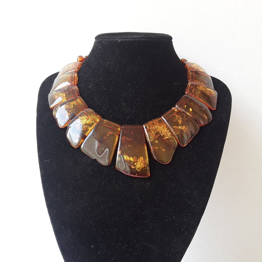 Brown cognac Baltic amber gemstone large Cleopatra style collar necklace jewelry