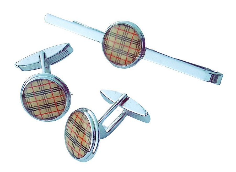 Burberry House Check Cufflinks  Tie Clip NEW Vintage 90s + Burberrys Box