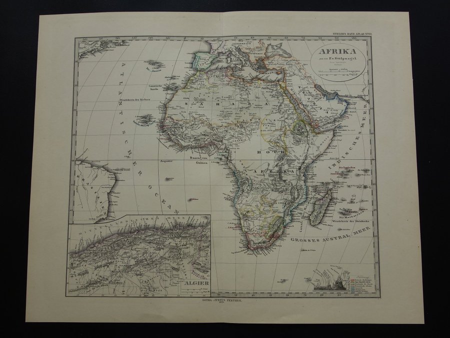 Gammal karta över Afrika kontinent 1877 vintage handfärgade kartor