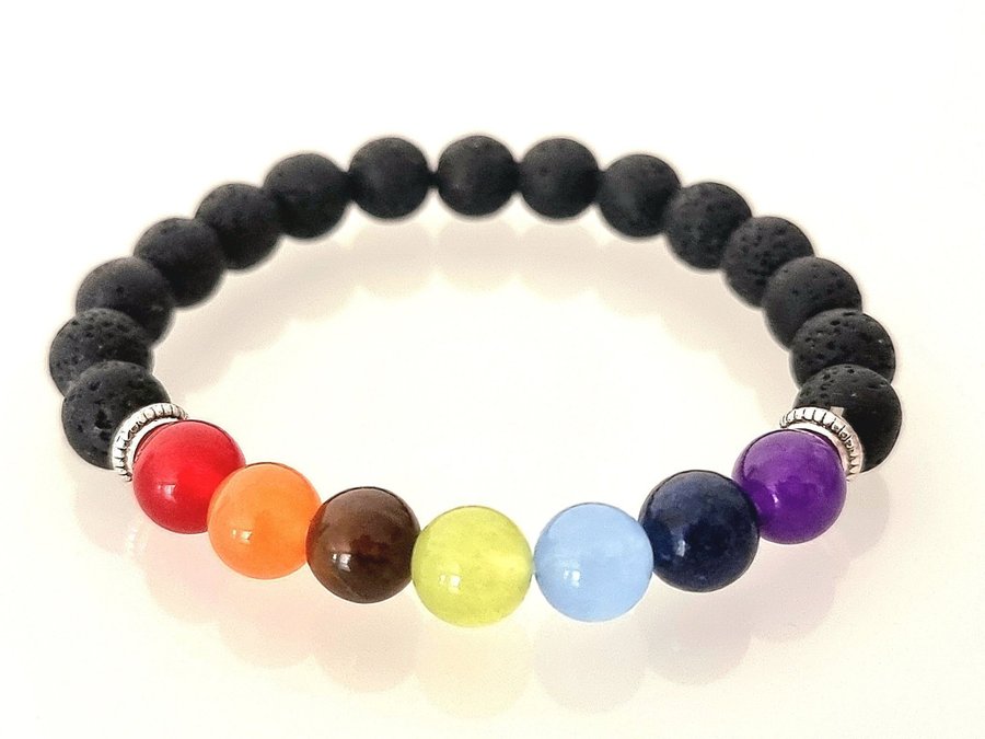 Jättefint färgglatt 7 Chakra Lavasten armband ÄKTA naturstenar ädelstenar NYTT