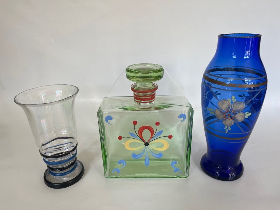 Antik glas karaff vas glas flaska blå grön blommor vintage retro