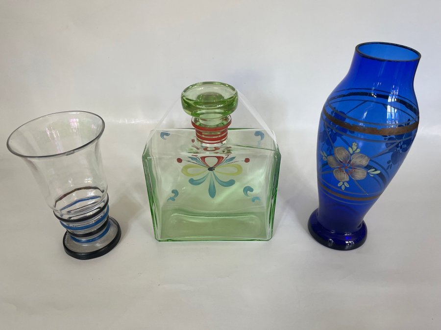 Antik glas karaff vas glas flaska blå grön blommor vintage retro