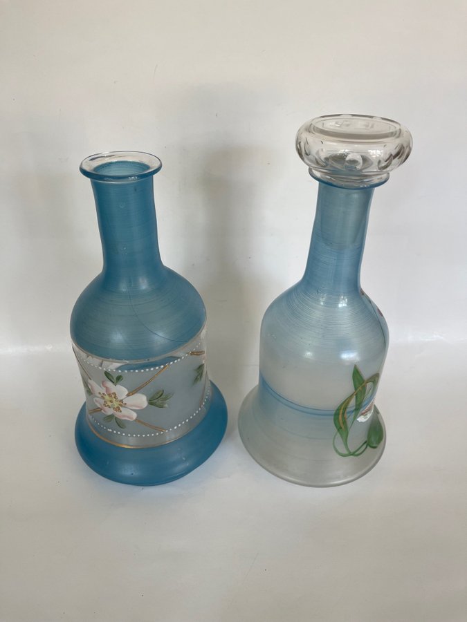 Antik glas karaff vas glas flaska blå grön blommor vintage retro