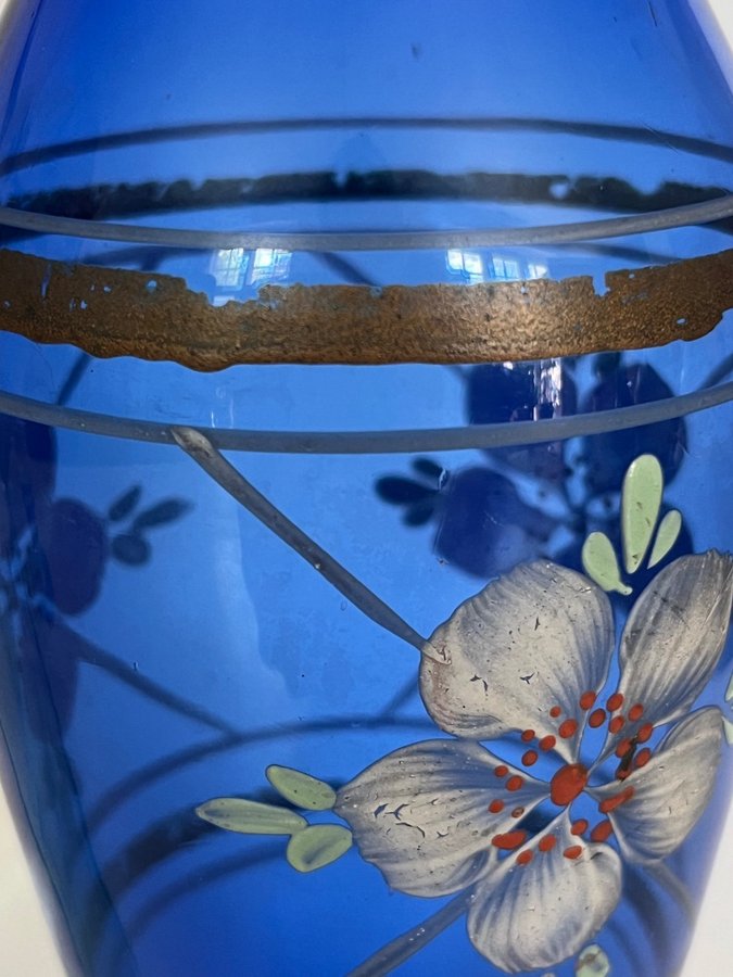 Antik glas karaff vas glas flaska blå grön blommor vintage retro