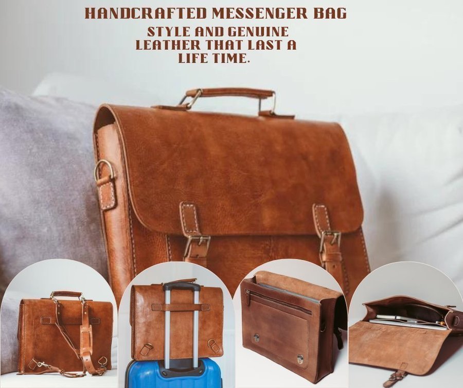Unisex Messenger Bag Genuine Leather Briefcase  Handmade Leather Bag