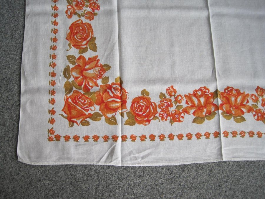 Retro stor linneduk med mönstertryck blommor vit orange 127 x 167