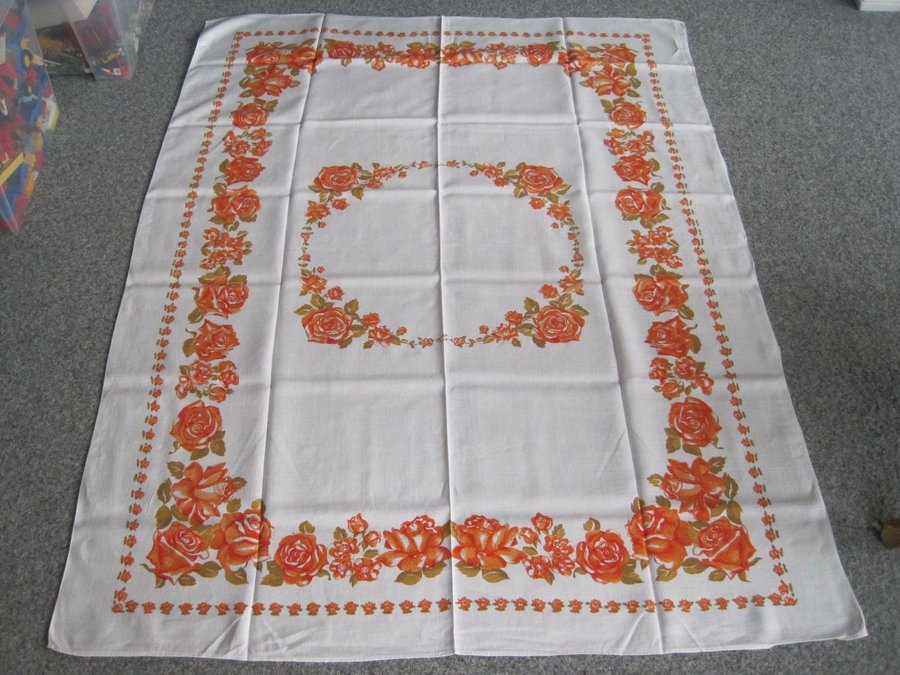 Retro stor linneduk med mönstertryck blommor vit orange 127 x 167