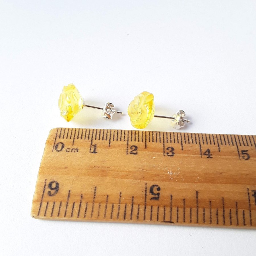 Baltic amber Rose and 925 sterling silver stud earrings Yellow gem silver studs