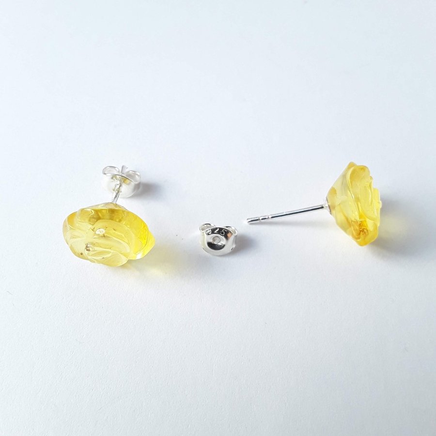 Baltic amber Rose and 925 sterling silver stud earrings Yellow gem silver studs