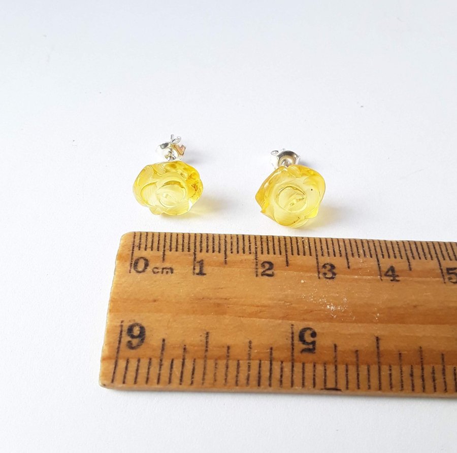 Baltic amber Rose and 925 sterling silver stud earrings Yellow gem silver studs