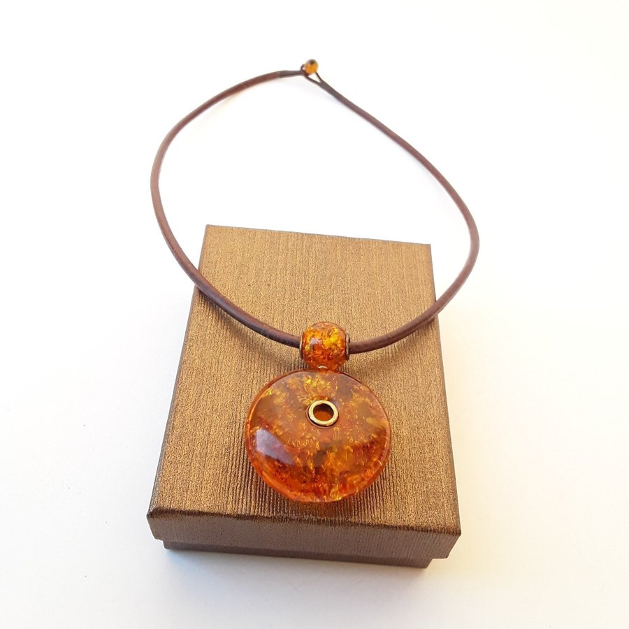 Baltic amber pendant donut gemstone round pendant amber circle on leather cord