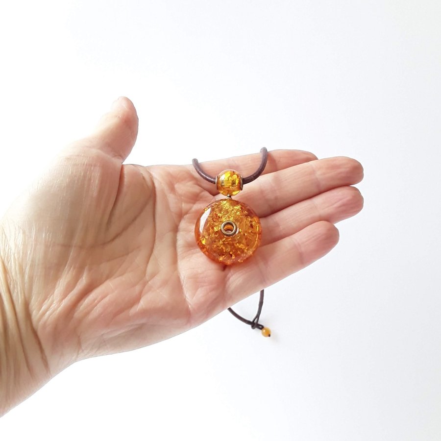 Baltic amber pendant donut gemstone round pendant amber circle on leather cord