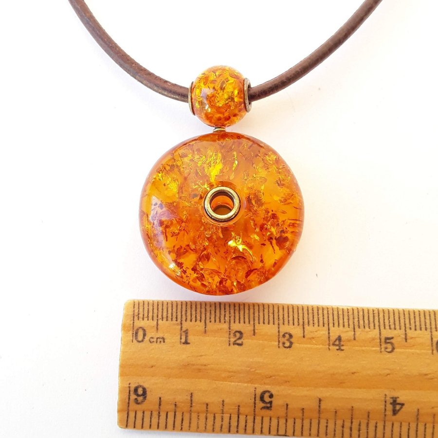 Baltic amber pendant donut gemstone round pendant amber circle on leather cord