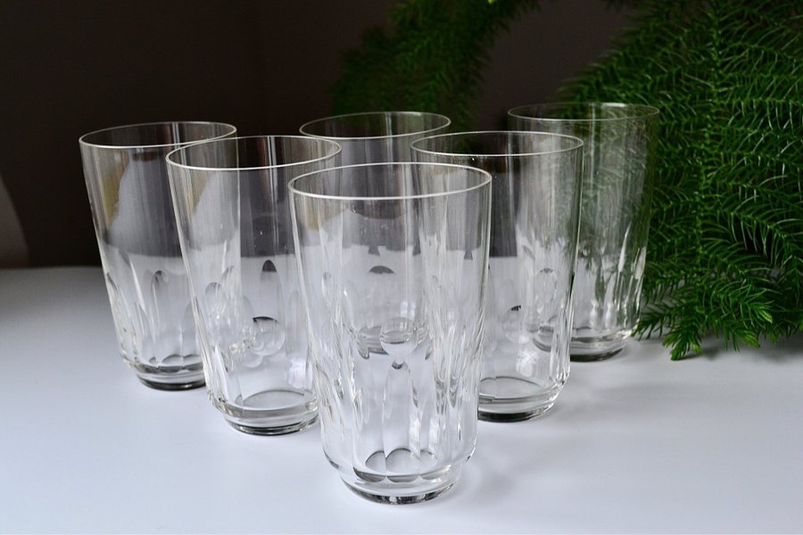 6 st ÄLDRE MUNBLÅSTA SELTERGLAS/ VATTENGLAS i tunt glas 30/40-tal