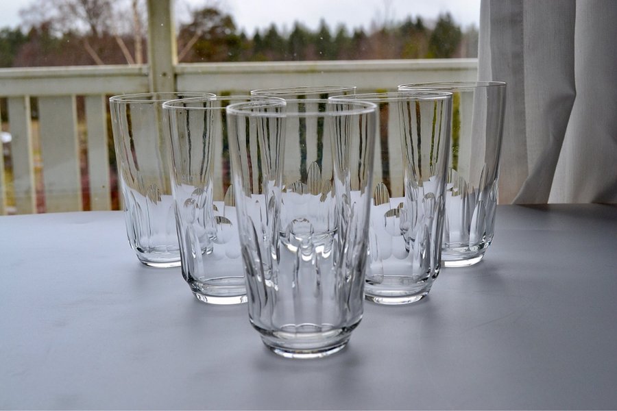 6 st ÄLDRE MUNBLÅSTA SELTERGLAS/ VATTENGLAS i tunt glas 30/40-tal