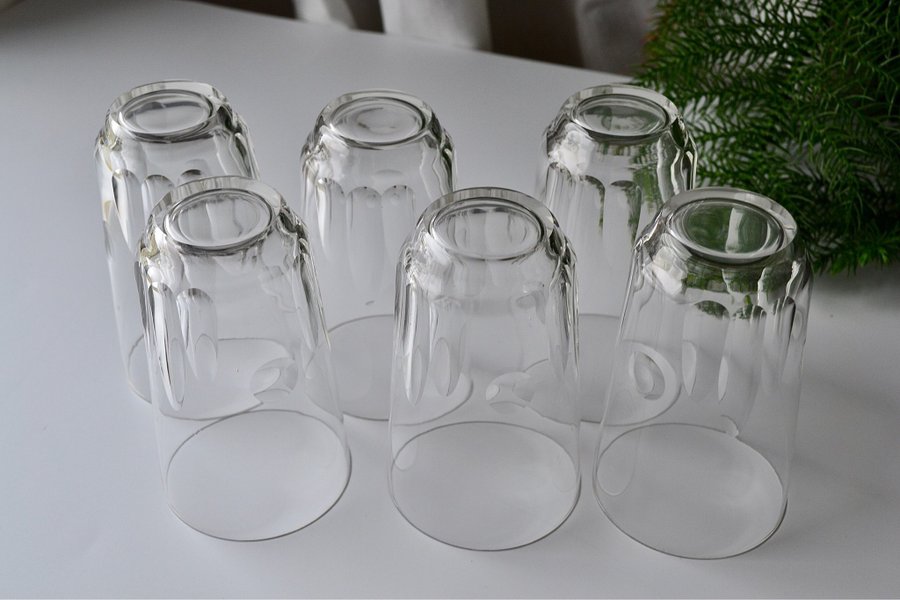 6 st ÄLDRE MUNBLÅSTA SELTERGLAS/ VATTENGLAS i tunt glas 30/40-tal