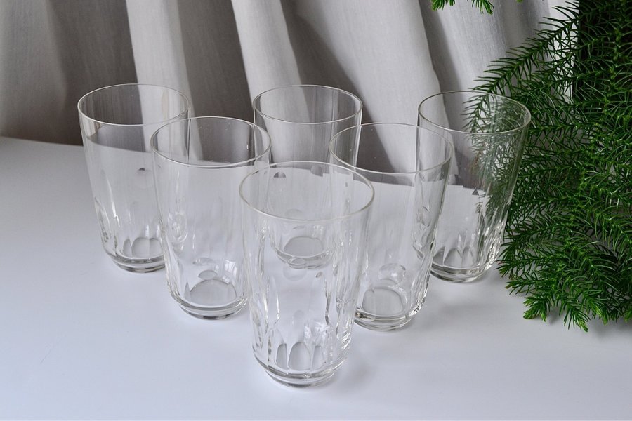 6 st ÄLDRE MUNBLÅSTA SELTERGLAS/ VATTENGLAS i tunt glas 30/40-tal