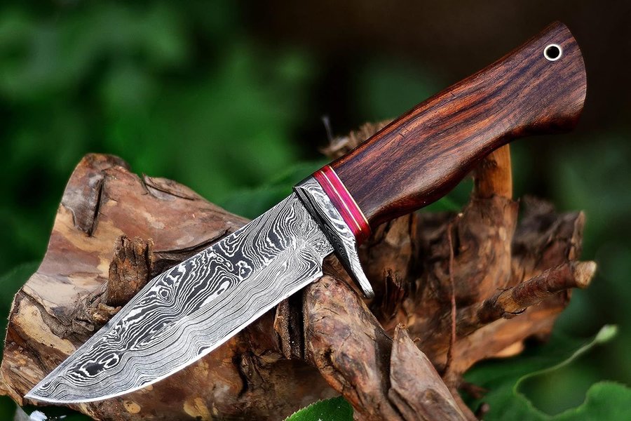 Damascus Knife with Leather Sheath alloy Steel Material Fixed Blade