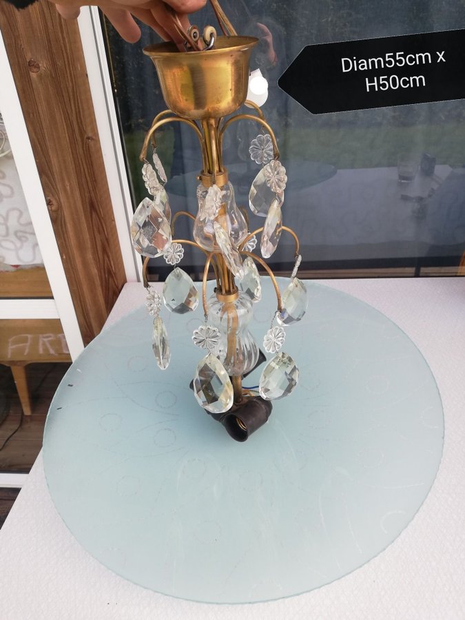 Vackert art decó plafond taklampa mässing glas  kristall 1940-tals