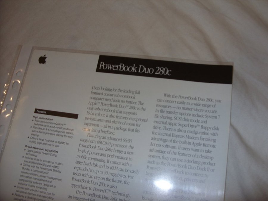 Apple PowerBook Duo 280c two-sided data sheet vintage brochure Mac