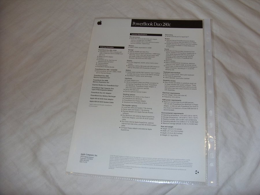 Apple PowerBook Duo 280c two-sided data sheet vintage brochure Mac