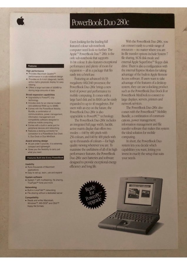 Apple PowerBook Duo 280c two-sided data sheet vintage brochure Mac