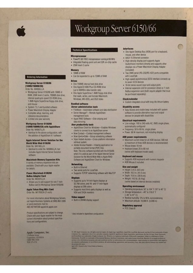 Apple Power Macintosh Workgroup Server 6150/66 two sided colour data sheet