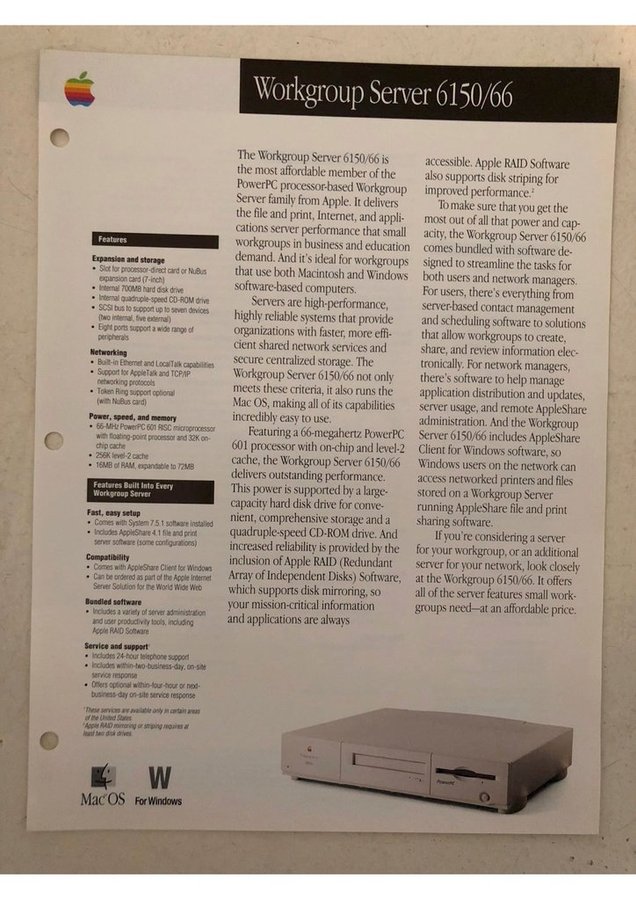 Apple Power Macintosh Workgroup Server 6150/66 two sided colour data sheet