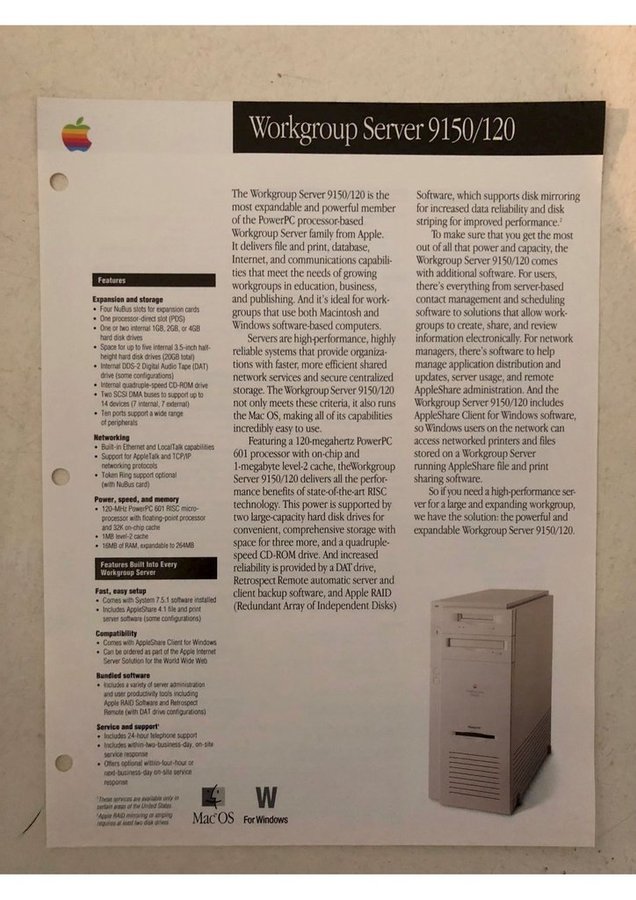 Apple Power Macintosh Workgroup Server 9150/120 two sided colour data sheet