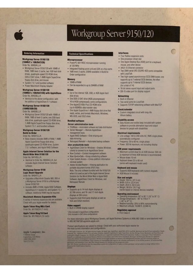 Apple Power Macintosh Workgroup Server 9150/120 two sided colour data sheet