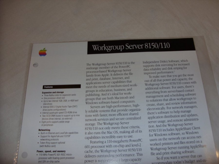 Apple Power Macintosh Workgroup Server 8150/110 two sided colour data sheet