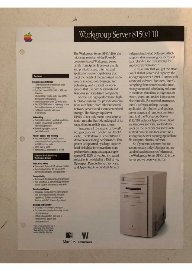 Apple Power Macintosh Workgroup Server 8150/110 two sided colour data sheet