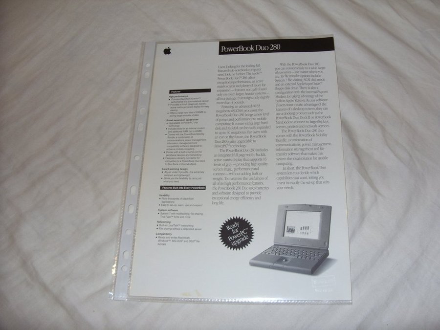 Apple PowerBook Duo 280 two-sided data sheet black/white vintage brochure Mac