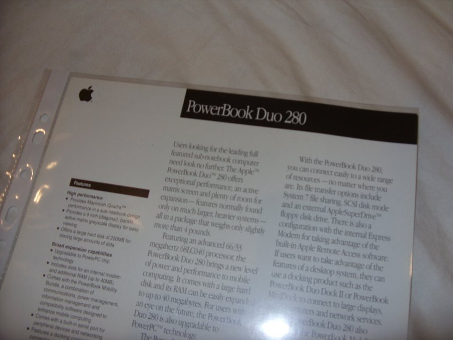 Apple PowerBook Duo 280 two-sided data sheet black/white vintage brochure Mac