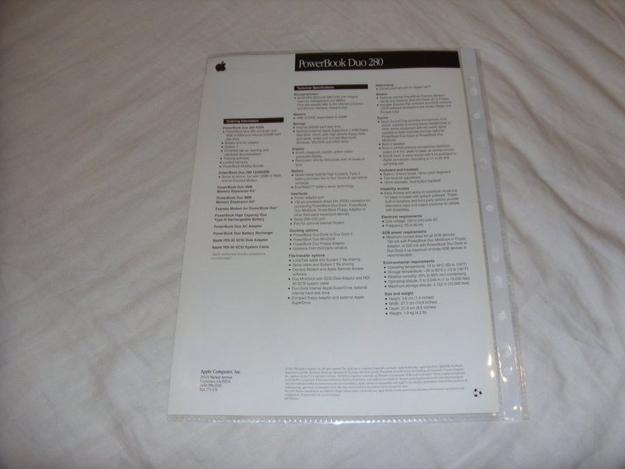 Apple PowerBook Duo 280 two-sided data sheet black/white vintage brochure Mac